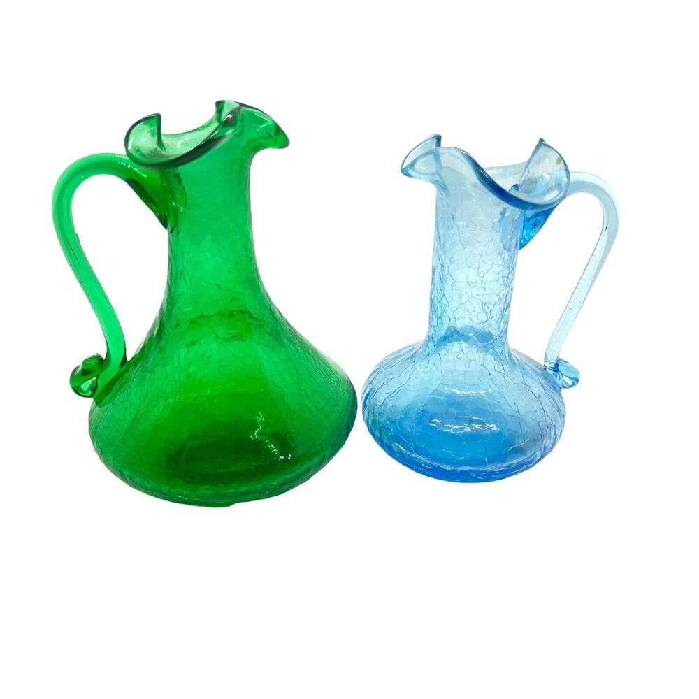Crackle Glass Vases Pitchers Vintage Blue Green Ruffled Edge Handheld Set Of 2